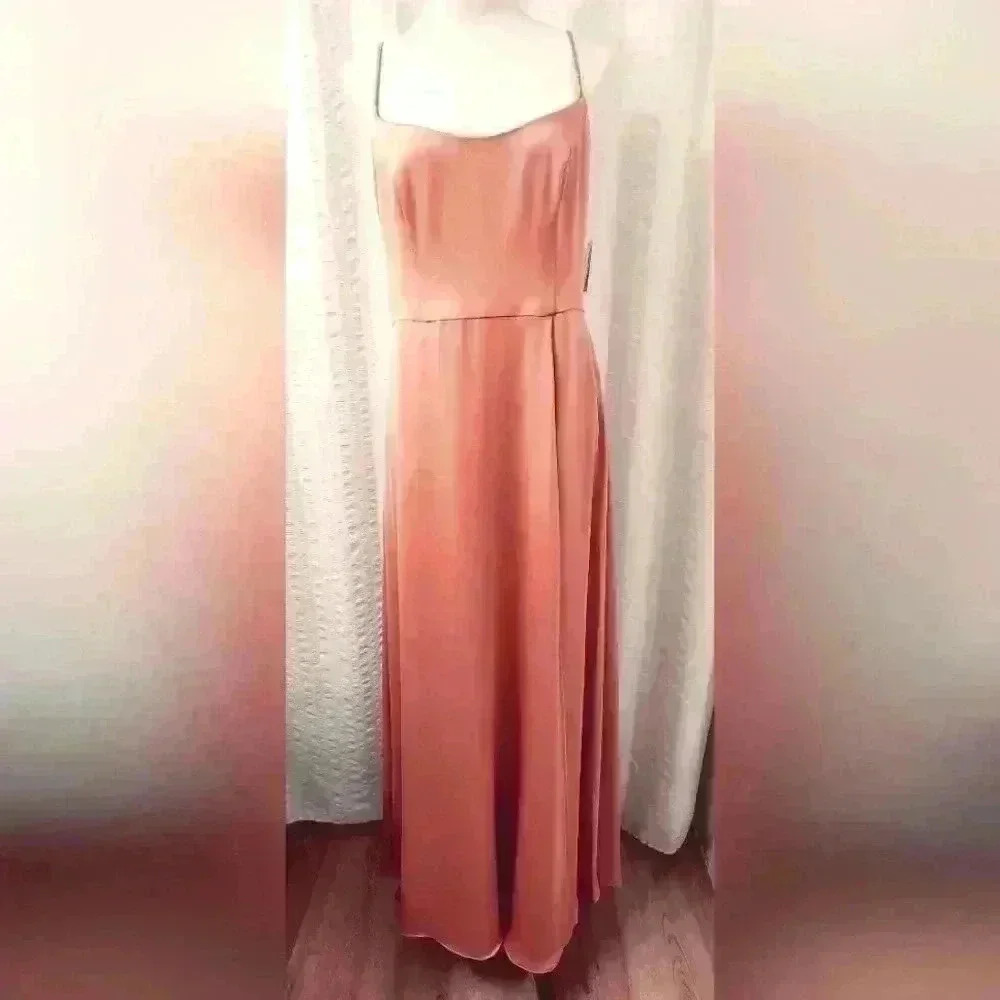 David's Bridal  Long Satin Spaghetti Strap Dress Coral Peach Size 10(D5.22.10) - Picture 2 of 8